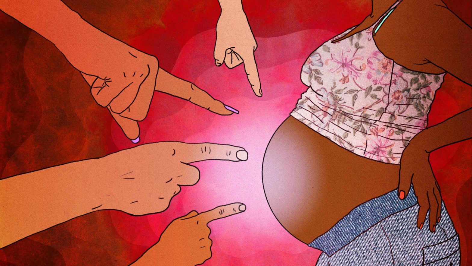 Illustration showing hands pointing in an accusing way at the pregnant belly of a Black woman