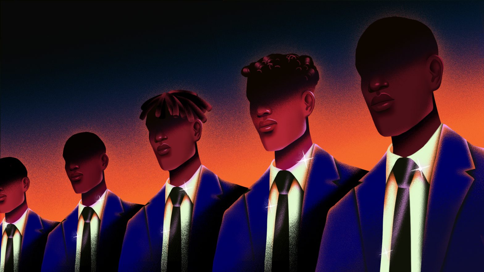 Image of five black men in a line, all wearing white shirts, black ties and blue suit jackets.