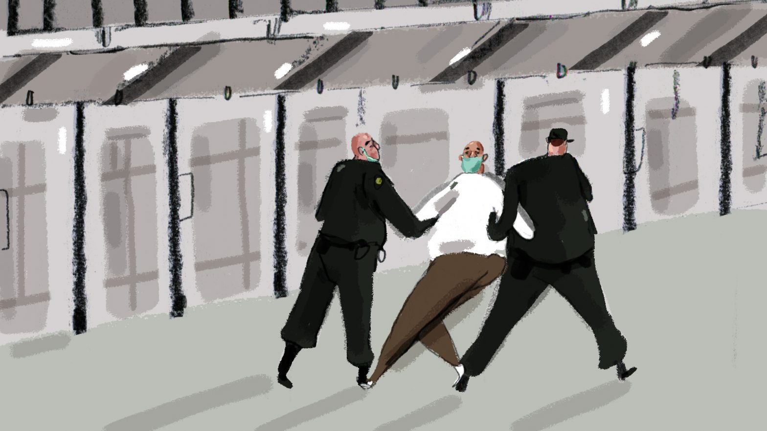 Illustration of a man with PPE mask being dragged through prison by two uniformed prison guards