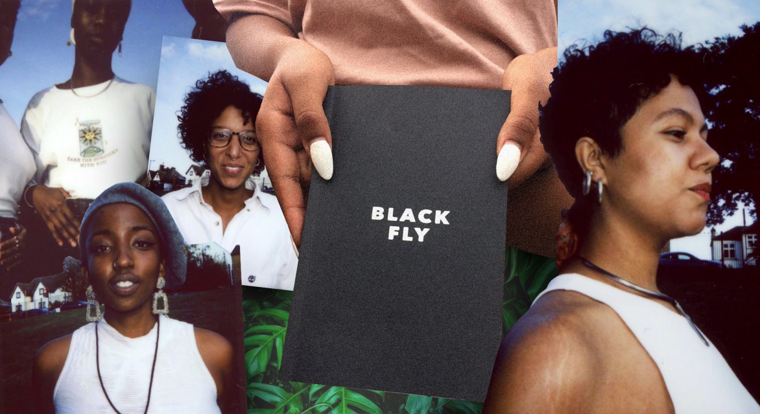 Collage image of four Black Fly Zine collective members, with a central image of black hands holding a black notebook with the words 'Black Fly' written on it