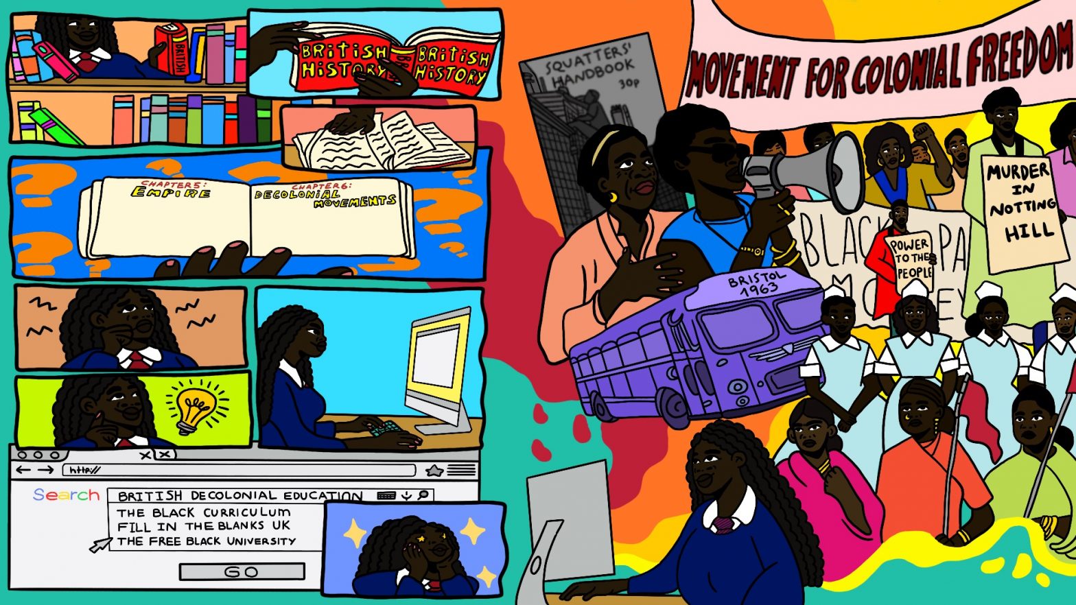 Comic book strip style slider image. On the left hand side of the image, a dark-skinned Black girl looks for a book on British history; she finds no information in the chapters on Empire and Decolonial movements. She has a lightbulb moment and searches online, where she finds resources from The Black Curriculum, Fill In The Blanks UK, and The Free Black University. She has stars in her eyes! On the right side of the image, the girl sits on the computer, and behind her there is a visualisation of all the things she is learning about, including a banner reading "Movement for Colonial Freedom', a Bristol bus in 1963 and a placard reading "Murder in Notting Hill"