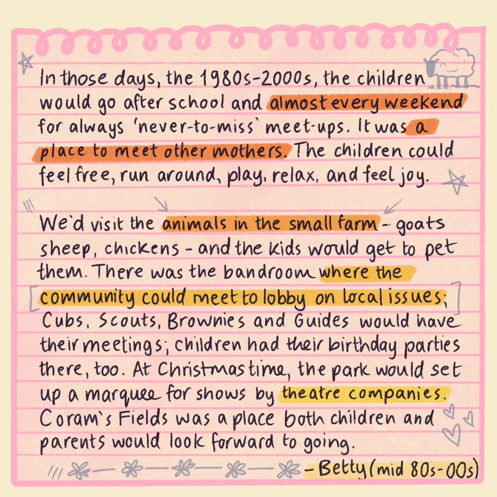 Text reads: In those days, the 1980s-2000s, the children would go after school and almost every weekend for always ‘never-to-miss’ meet-ups. It was a place to meet other mothers. The children could feel free, run around, play, relax, and feel joy.   We’d visit the animals in the small farm - goats, sheep, chickens - and the kids would get to pet them. There was the bandroom where the community could meet to lobby on local issues; Cubs, Scouts, Brownies and Guides would have their meetings; children had their birthday parties there, too. At Christmas time, the park would set up a marquee for shows by theatre companies. Coram’s Fields was a place both children and parents would look forward to going. Betty, mid 80s - mid 00s
