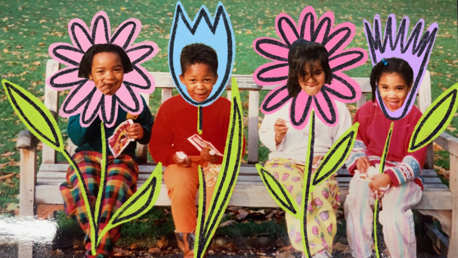 An illustrated image of four young children sitting on a park bench, with flowers that have been illustrated around their heads